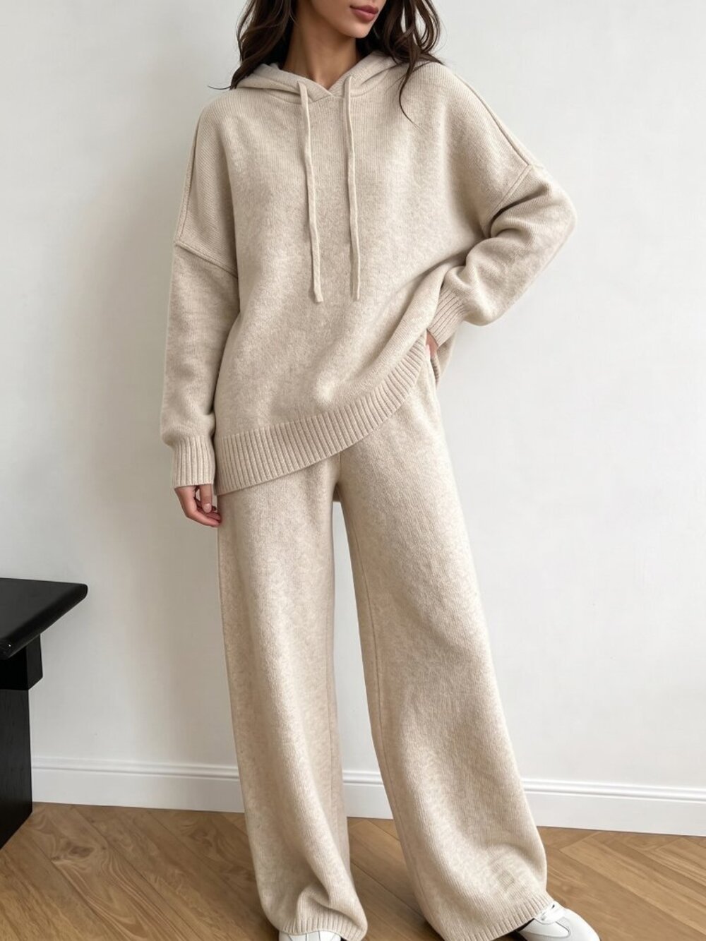 Apricot Casual Women's Hooded Sweater & Knitted Pants Set